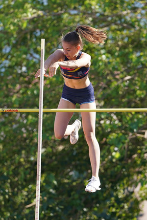 DENIZLI, TURKIYE - JULY 16, 2022: Undefined athlete pole vaulting during Balkan Athletics U20...