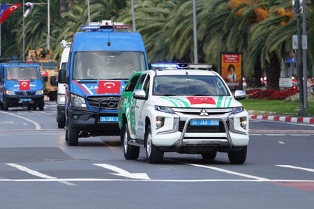 ISTANBUL, TURKIYE - AUGUST 30, 2022: Gendarmerie vehicles parade during 100th anniversary of 30 August Turkish Victory Day parade on Vatan Avenueのeditorial素材