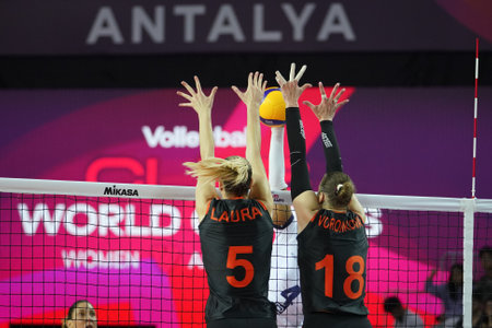 ANTALYA, TURKIYE - DECEMBER 18, 2022: Laura Heyrman and Irina Voronkova in action during Gerdau Minas vs Eczacibasi Dynavit FIVB Volleyball Womens Club World Championship match in Antalya Sport Hallのeditorial素材