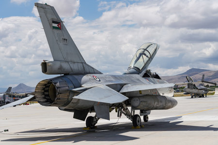 KONYA, TURKIYE - JUNE 30, 2022: Jordan Air Force General Dynamics F-16BM Fighting Falcon (6E-15)...