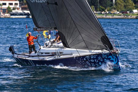 ISTANBUL, TURKIYE - SEPTEMBER 24, 2022: Sailboat competing in Bosphorus Cup
