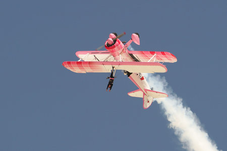 ESKISEHIR, TURKIYE - SEPTEMBER 18, 2022: Boeing PT-13D Kaydet (75-5099) Wing walking show display in...