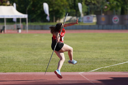 DENIZLI, TURKIYE - JULY 16, 2022: Undefined athlete javelin throwing during Balkan Athletics U20 Championships in Denizli Albayrak Athletics Trackのeditorial素材