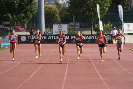 DENIZLI, TURKIYE - JULY 17, 2022: Athletes running 200 metres during Balkan Athletics U20 Championships in Denizli Albayrak Athletics Trackのeditorial素材