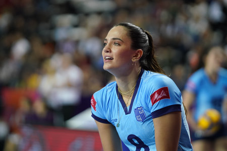 ANTALYA, TURKIYE - DECEMBER 17, 2022: Julia Kudiess warming up before Imoco Volley Conegliano vs Gerdau Minas FIVB Volleyball Womens Club World Championship match in Antalya Sport Hallのeditorial素材