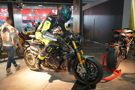 ISTANBUL, TURKIYE - APRIL 29, 2023: MV Agusta Rush motorcycle on display at Motobike Expo in...