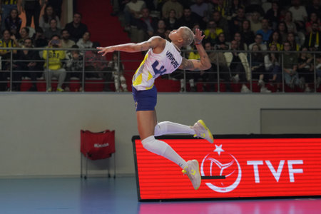 ISTANBUL, TURKIYE - JANUARY 21, 2023: Melissa Vargas serves during Fenerbahce Opet vs Nilufer Belediyespor Turkish Sultans League match in Burhan Felek Sport Hallのeditorial素材
