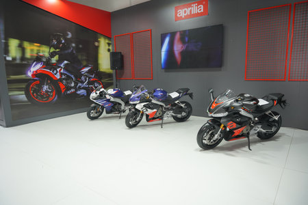 ISTANBUL, TURKIYE - APRIL 29, 2023: Aprilia motorcycles on display at Motobike Expo in Istanbul Exhibition Centerのeditorial素材