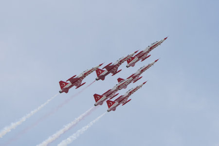 ISTANBUL, TURKIYE - APRIL 29, 2023: Turkish Stars, Turkish Air Force aerobatic demonstration team display in Istanbul Ataturk Airport during Teknofest Istanbulのeditorial素材