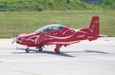 ISTANBUL, TURKIYE - APRIL 30, 2023: Turkish Aerospace Industries TAI TUSAS Hurkus display in...
