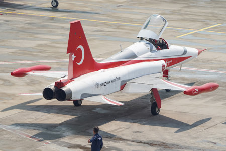 ISTANBUL, TURKIYE - MAY 01, 2023: Turkish Stars, Turkish Air Force aerobatic demonstration team display in Istanbul Ataturk Airport during Teknofest Istanbulのeditorial素材
