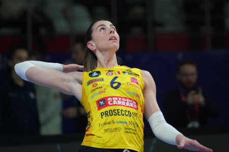 ISTANBUL, TURKIYE - MARCH 16, 2023: Alessia Gennari warming up before Fenerbahce Opet vs Imoco Volley Conegliano CEV Champions League Volley match in Burhan Felek Sport Hallのeditorial素材