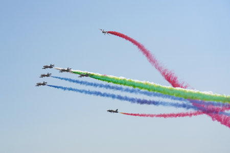 ISTANBUL, TURKIYE - APRIL 30, 2023: Fursan Al Emarat, United Arab Emirates Air Force aerobatic demonstration team display in Istanbul Ataturk Airport during Teknofest Istanbulのeditorial素材