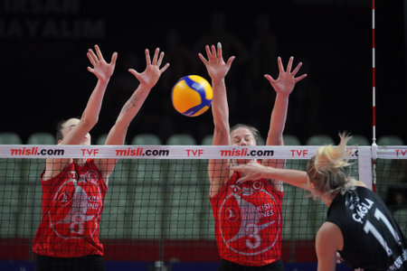 ISTANBUL, TURKIYE - MARCH 11, 2023: Dicle Nur Babat and Kiera Van Ryk in action during Turk Hava Yollari vs Sariyer Belediyespor Turkish Sultans League match in Burhan Felek Sport Hallのeditorial素材
