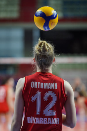 ISTANBUL, TURKIYE - MARCH 11, 2023: Hanna Orthmann serves during Turk Hava Yollari vs Sariyer Belediyespor Turkish Sultans League match in Burhan Felek Sport Hallのeditorial素材