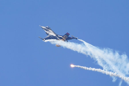 ISTANBUL, TURKIYE - MAY 01, 2023: SOLOTURK, Turkish Air Force General Dynamics F-16C Fighting Falcon display in Istanbul Ataturk Airport during Teknofest Istanbulのeditorial素材