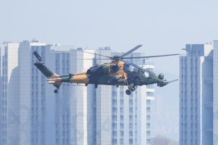 ISTANBUL, TURKIYE - APRIL 30, 2023: Turkish Army TAI T-129A ATAK displayed at Istanbul Ataturk Airport during Teknofest Istanbulのeditorial素材