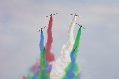 ISTANBUL, TURKIYE - APRIL 29, 2023: Fursan Al Emarat, United Arab Emirates Air Force aerobatic demonstration team display in Istanbul Ataturk Airport during Teknofest Istanbulのeditorial素材