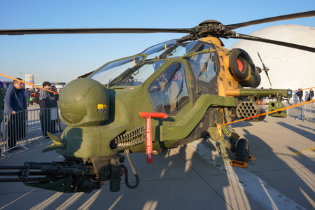 ISTANBUL, TURKIYE - MAY 01, 2023: Turkish Army TAI T-129A ATAK displayed at Istanbul Ataturk Airport during Teknofest Istanbulのeditorial素材