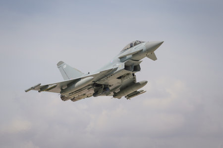 KONYA, TURKIYE - MAY 09, 2023: United Kingdom Royal Air Force Eurofighter Typhoon FGR4 (BS083-322) take-off from Konya Airport during Anatolian Eagle Air Force Exerciseのeditorial素材