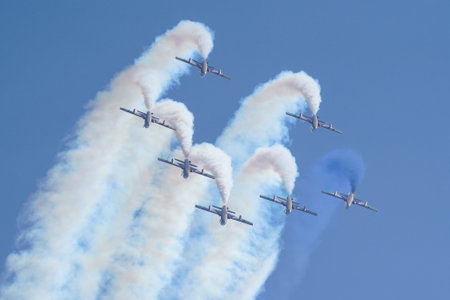 ISTANBUL, TURKIYE - APRIL 30, 2023: Fursan Al Emarat, United Arab Emirates Air Force aerobatic demonstration team display in Istanbul Ataturk Airport during Teknofest Istanbulのeditorial素材