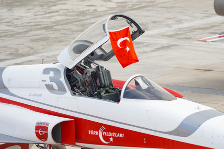 ISTANBUL, TURKIYE - MAY 01, 2023: Turkish Stars, Turkish Air Force aerobatic demonstration team display in Istanbul Ataturk Airport during Teknofest Istanbulのeditorial素材