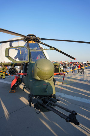ISTANBUL, TURKIYE - MAY 01, 2023: Turkish Army TAI T-129A ATAK displayed at Istanbul Ataturk Airport...