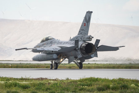 KONYA, TURKIYE - MAY 09, 2023: Turkish Air Force General Dynamics F-16C Fighting Falcon (4R-18) landing to Konya Airport during Anatolian Eagle Air Force Exerciseのeditorial素材
