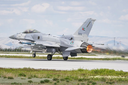 KONYA, TURKIYE - MAY 09, 2023: United Arab Emirates Air Force Lockheed Martin F-16E Desert Falcon...