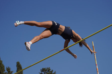 IZMIR, TURKIYE - JULY 04, 2023: Undefined athlete pole vaulting during Super League Competitions in Izmir Seha Aksoy Athletics Fieldのeditorial素材