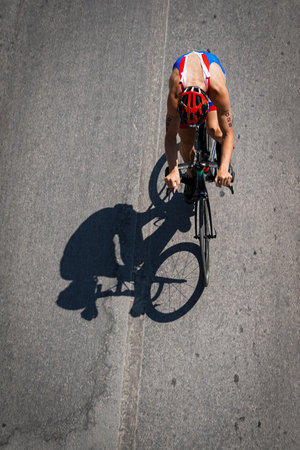 BALIKESIR, TURKIYE - AUGUST 05, 2023: Undefined athlete competing in cycling component of Europe Triathlon Sprint and Relay Championships in Balikesirのeditorial素材