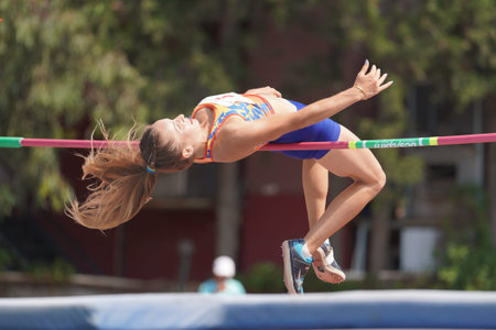 IZMIR, TURKIYE - JULY 05, 2023: Undefined athlete high jumping during Super League Competitions in Izmir Seha Aksoy Athletics Fieldのeditorial素材
