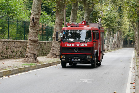 ISTANBUL, TURKIYE - AUGUST 13, 2023: Istanbul Municipality Fire Department Fire truck on the way