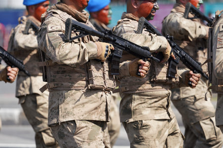 ISTANBUL, TURKIYE - AUGUST 30, 2023: Soldiers march during anniversary of 30 August Turkish Victory...