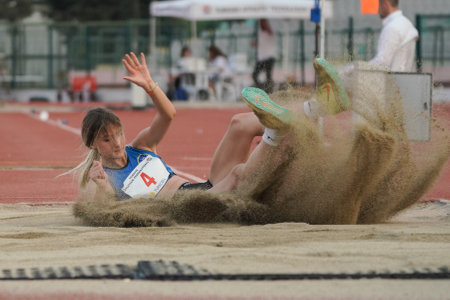 IZMIR, TURKIYE - JULY 04, 2023: Undefined athlete triple jumping during Super League Competitions in Izmir Seha Aksoy Athletics Fieldのeditorial素材