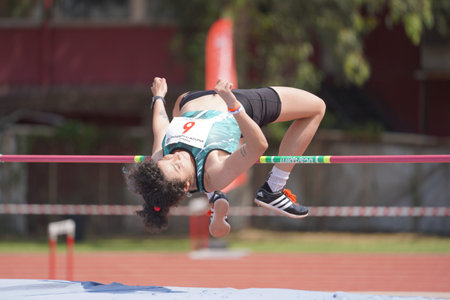 IZMIR, TURKIYE - JULY 05, 2023: Undefined athlete high jumping during Super League Competitions in...