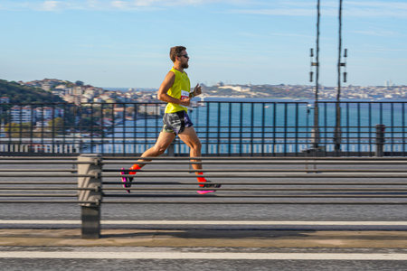 ISTANBUL, TURKIYE - NOVEMBER 05, 2023: Athletes running in 45. Istanbul marathon which includes two...