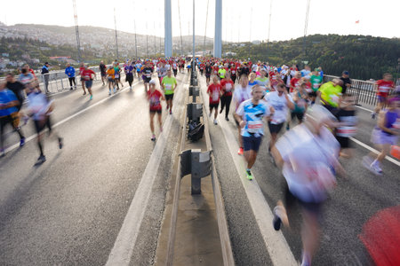 ISTANBUL, TURKIYE - NOVEMBER 05, 2023: Athletes running in 45. Istanbul marathon which includes two...