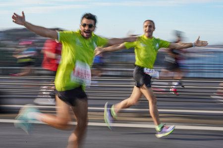 ISTANBUL, TURKIYE - NOVEMBER 05, 2023: Athletes running in 45. Istanbul marathon which includes two...