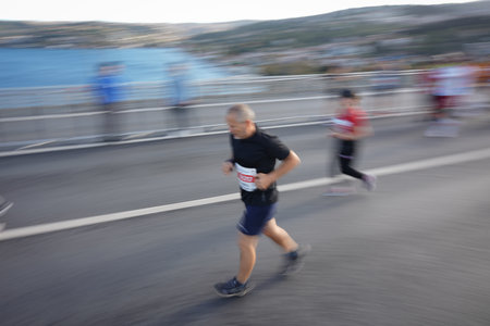 ISTANBUL, TURKIYE - NOVEMBER 05, 2023: Athletes running in 45. Istanbul marathon which includes two continents in one race.のeditorial素材