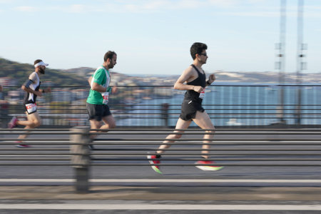 ISTANBUL, TURKIYE - NOVEMBER 05, 2023: Athletes running in 45. Istanbul marathon which includes two continents in one race.のeditorial素材