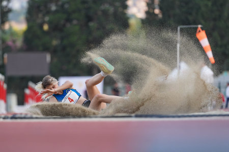 IZMIR, TURKIYE - JULY 04, 2023: Undefined athlete triple jumping during Super League Competitions in...