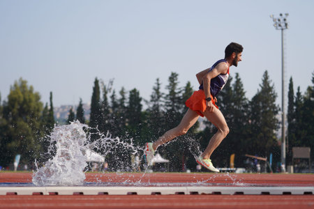 IZMIR, TURKIYE - JULY 05, 2023: Undefined athlete running 3000 metres steeplechase during Super...