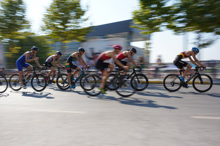 BALIKESIR, TURKIYE - AUGUST 05, 2023: Athletes competing in cycling component of Europe Triathlon Sprint and Relay Championships in Balikesirのeditorial素材
