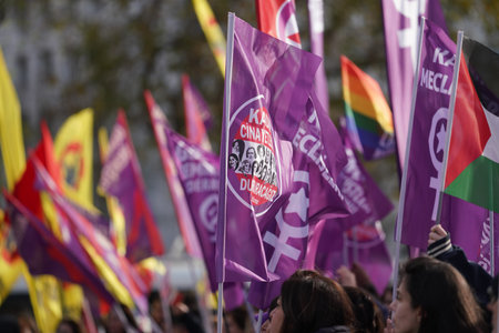 ISTANBUL, TURKIYE - NOVEMBER 26, 2023: People protest violence against women in Kadikoy