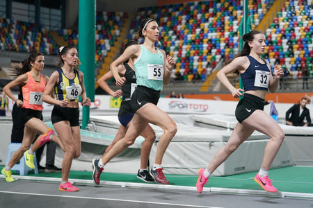 ISTANBUL, TURKIYE - FEBRUARY 17, 2024: Athletes running during Turkish Indoor Athletics Championships in Atakoy Athletics Arenaのeditorial素材