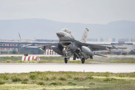 KONYA, TURKIYE - MAY 09, 2023: Turkish Air Force General Dynamics F-16C Fighting Falcon (4R-42)...