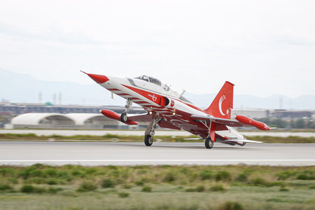 KONYA, TURKIYE - MAY 09, 2023: Turkish Air Force Turkish Stars Canadair NF-5B-2000 Freedom Fighter...