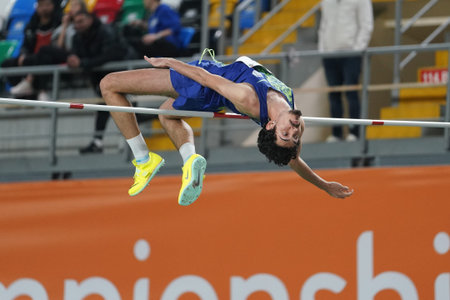 ISTANBUL, TURKIYE - JANUARY 20, 2024: Undefined athlete high jumping during Turkish Athletic...