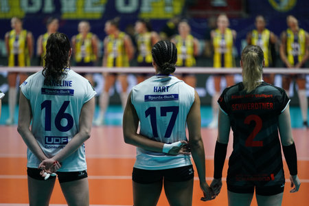 ISTANBUL, TURKIYE - FEBRUARY 28, 2024: Allianz MTV Stuttgart players before Fenerbahce Opet CEV Champions League Volley match in Burhan Felek Sport Hallのeditorial素材